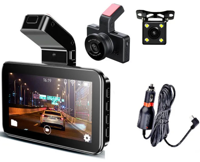 3-inch HD car DVR dashboard camera with dual lens recording system showing front and rear camera placement