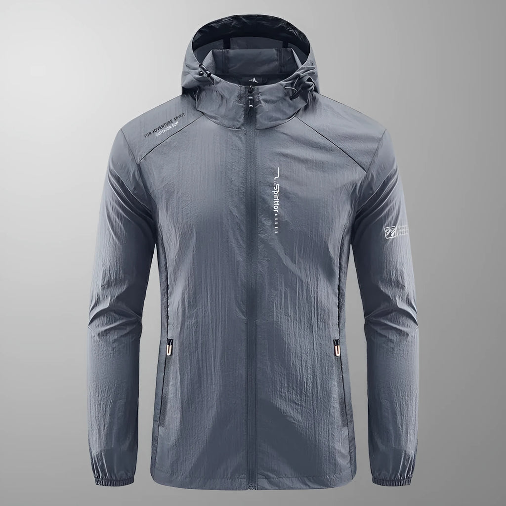 Men's lightweight nylon hooded jacket in light grey colour for summer outdoor sun protection