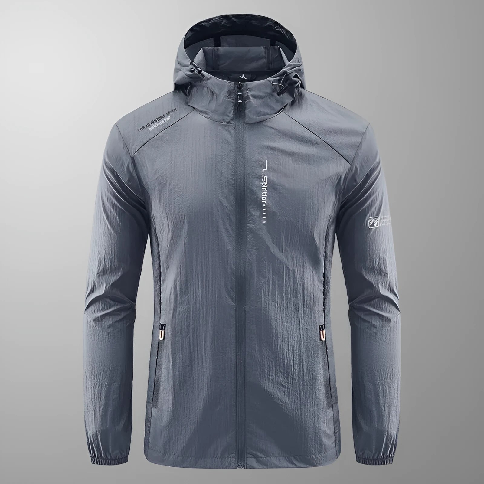 Men's lightweight nylon hooded jacket in light grey colour for summer outdoor sun protection
