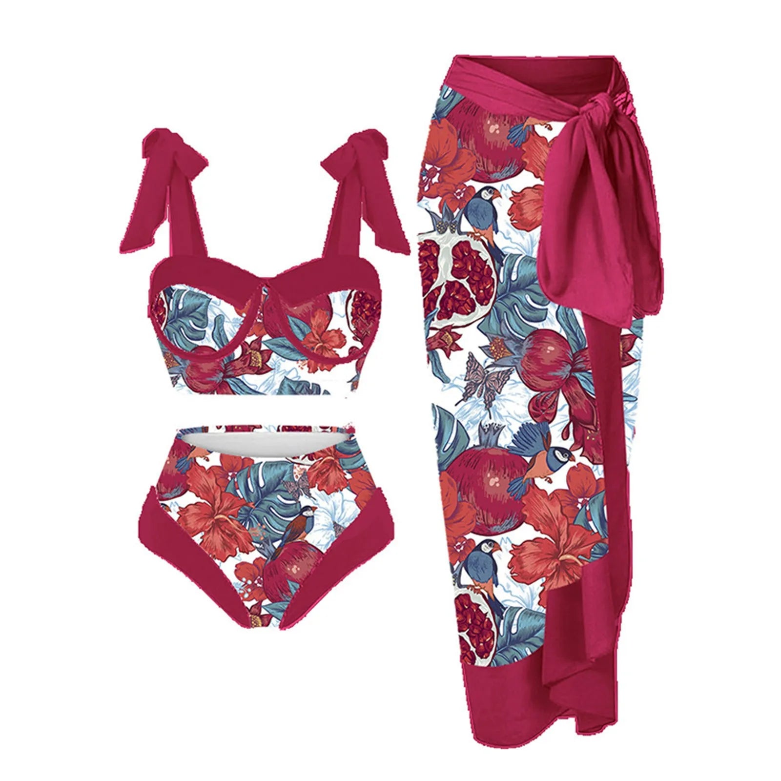 Women's printed split swimsuit three-piece set in a floral colour on a mannequin.