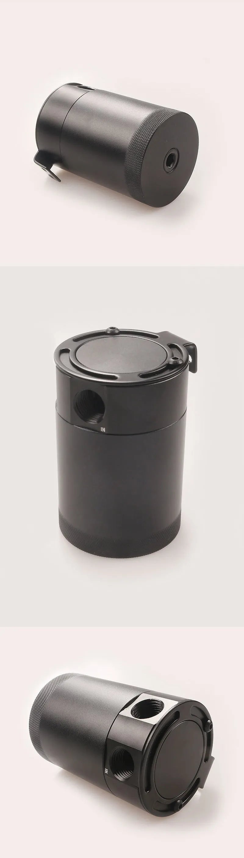 Black aluminium automotive machine oil pot with two ventilation holes and oil-free valve