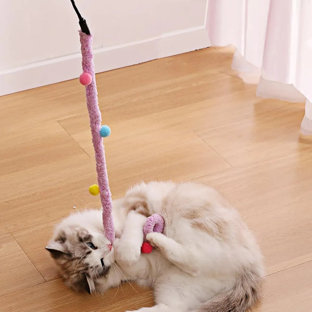 Blue cat wand toy with 41cm pole, 60cm plush strip, and colourful fluffy ball with bells