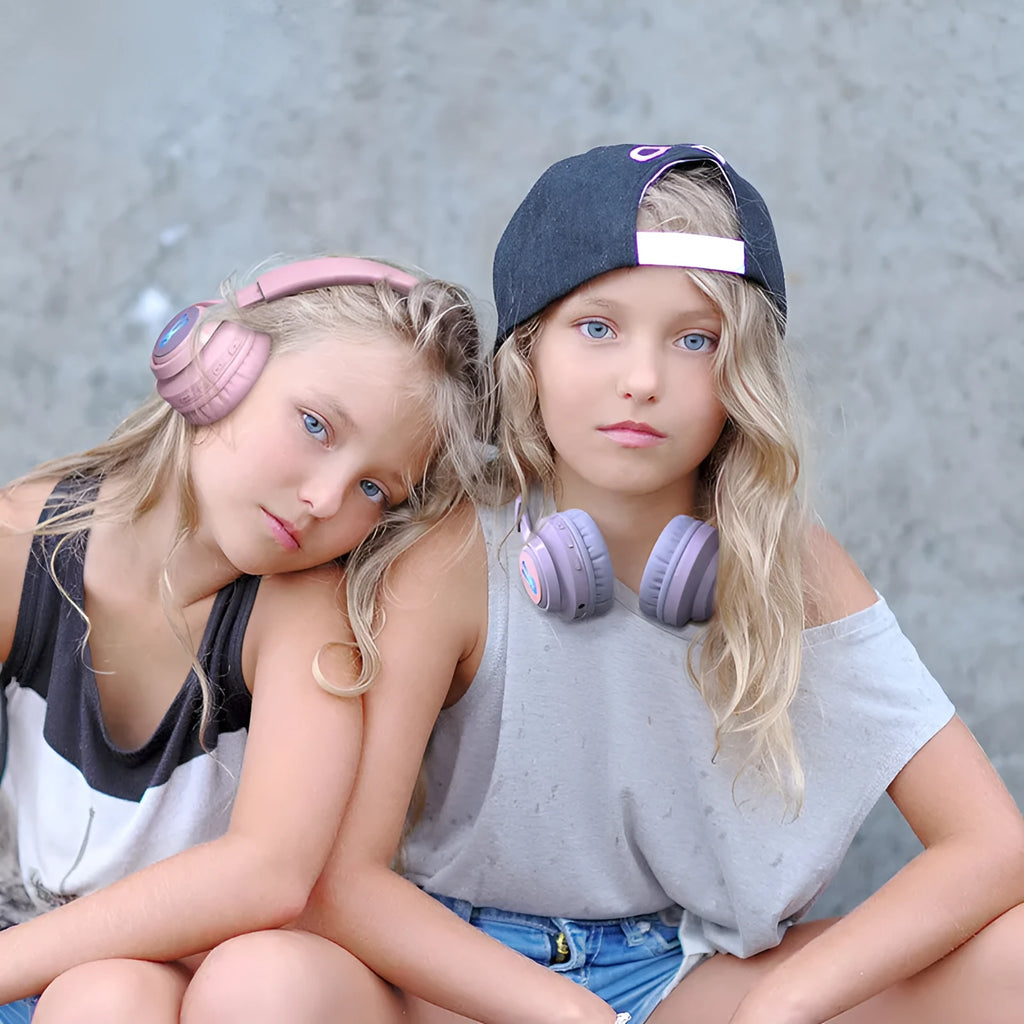 Wireless children's headphones with RGB LED lights in bunny purple or pink colours