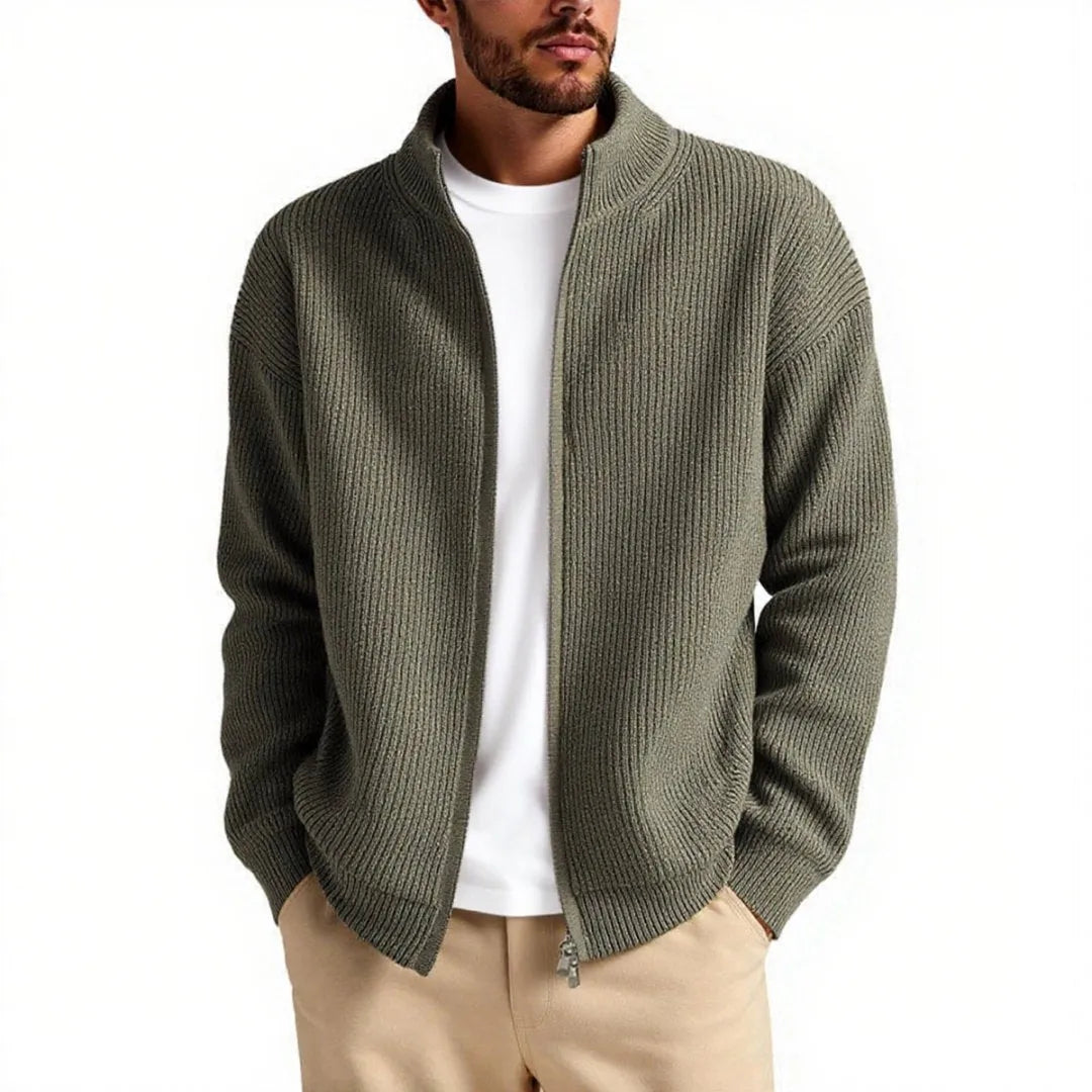 Man wearing a loose-fit beige acrylic blend cardigan sweater for casual leisure wear.