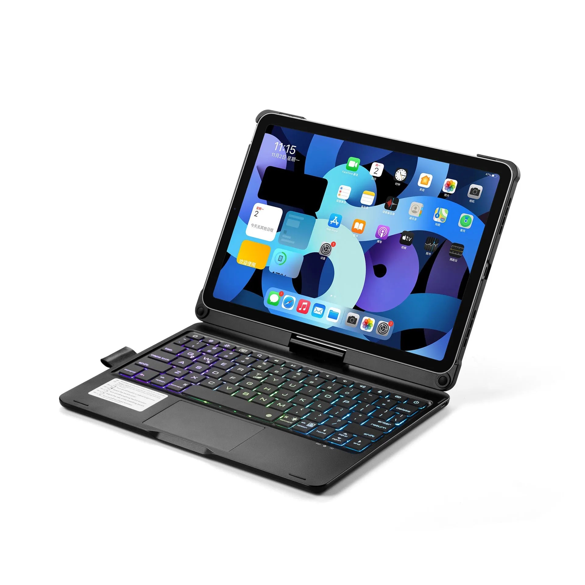 360-degree rotating Bluetooth keyboard with touch backlight for iPad in black, silver, or rose gold