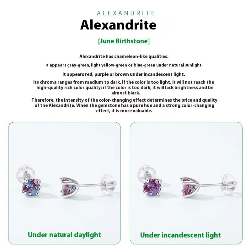 Geometric round silver ear studs with cultivated Alexandrite stone centre