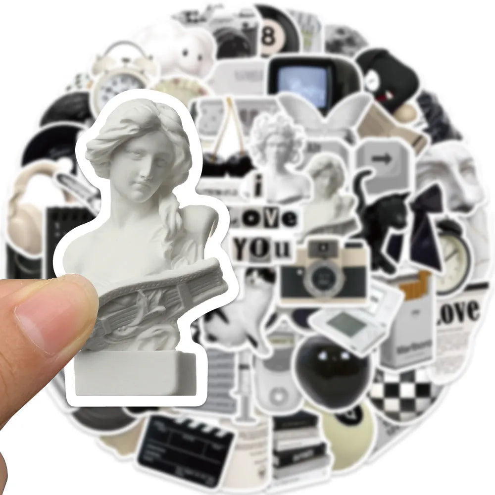 61 black and white waterproof vinyl stickers with coffee and tea cup designs for laptops and phones