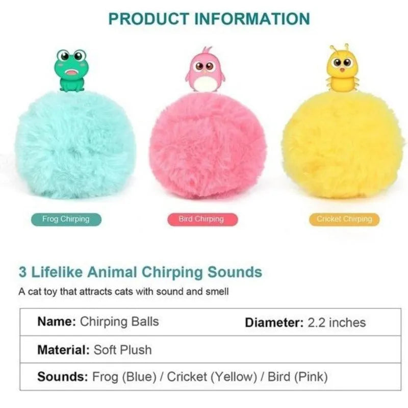 Interactive cat toy ball in blue, pink or yellow colours with 55mm diameter for touch-activated animal sounds