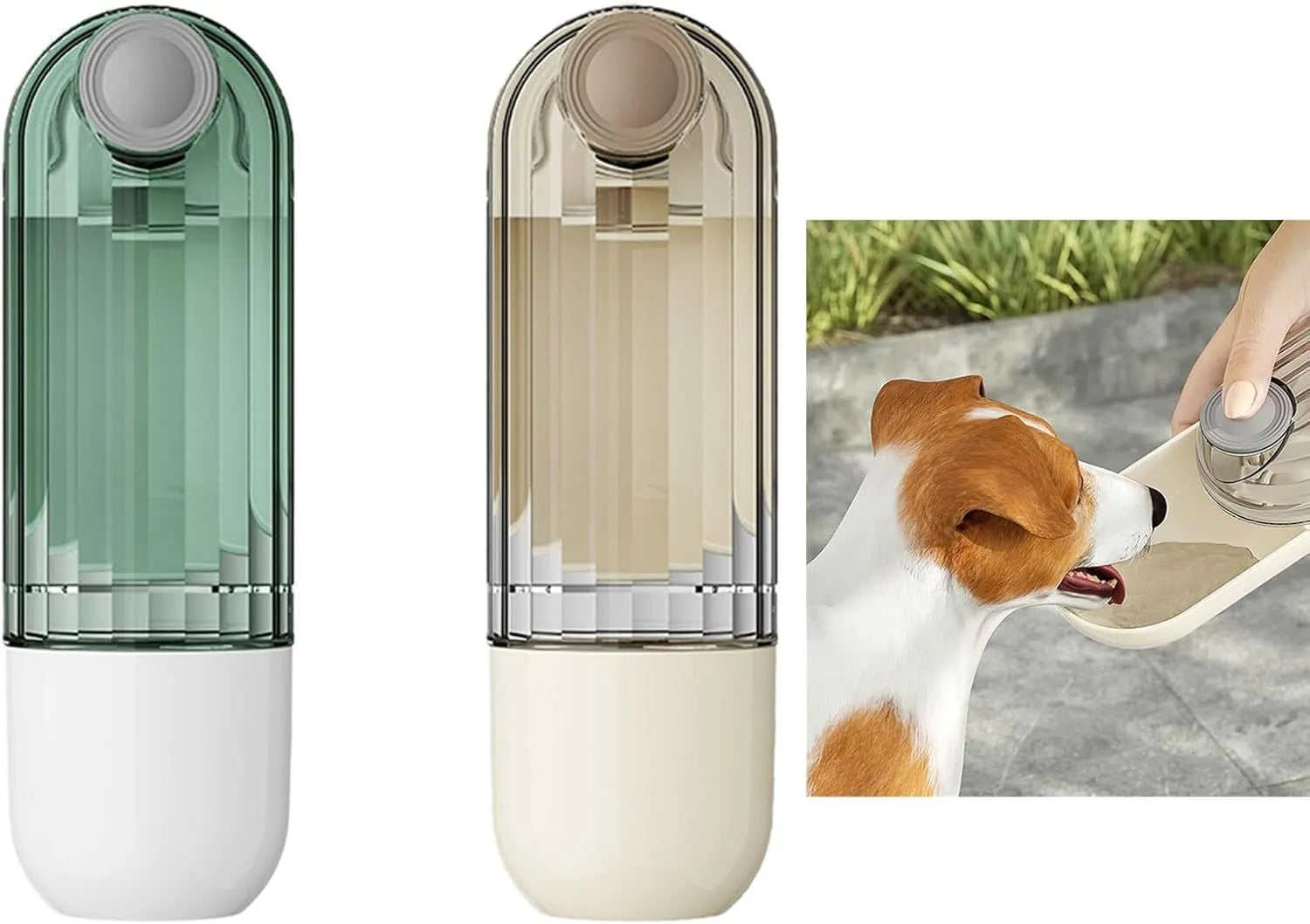 Beige foldable dog water bottle with integrated food container for outdoor walks.