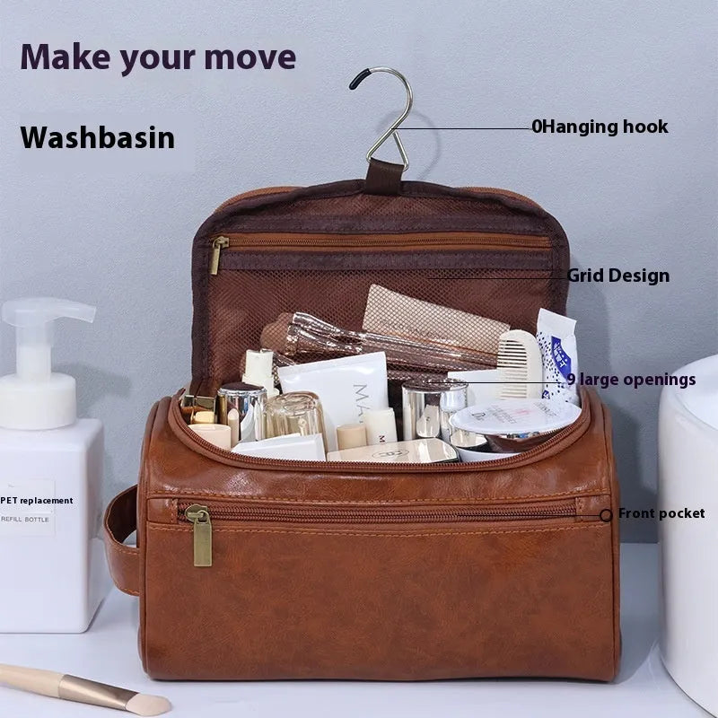 Large capacity waterproof cosmetic bag in PU leather or Oxford cloth, shown in beige colour.