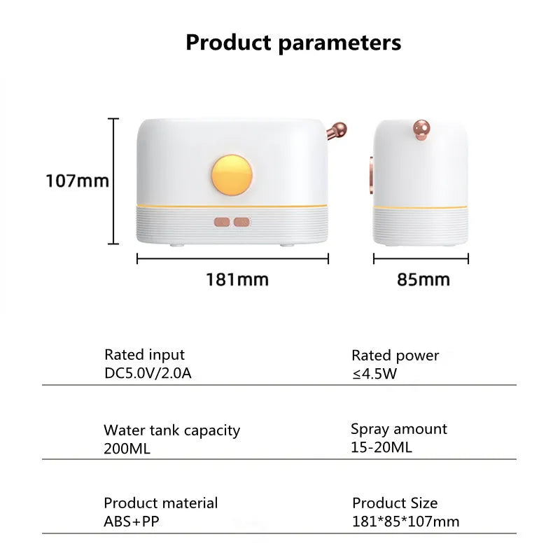 USB-powered desktop humidifier with simulated flame effect and 200ml water tank capacity