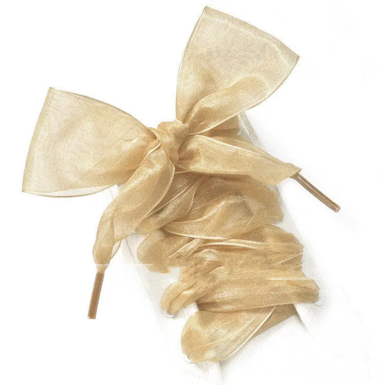 Wide 4cm transparent silk shoelaces in assorted colours including wine red, purple, gold, and black on a white background.