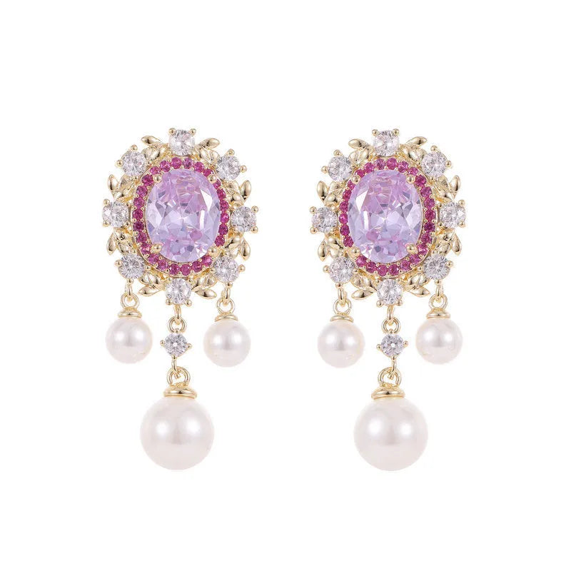 Oval geometric earrings with zircon inlay and pearl tassels in four colour variations