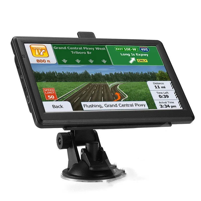 7 inch HD touchscreen car GPS navigation device mounted on dashboard bracket
