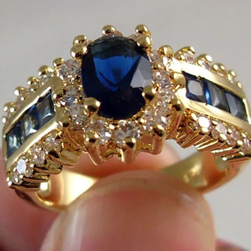 Zinc alloy fashion ring with blue diamond or purple zircon stone, shown in sizes 6 to 11.