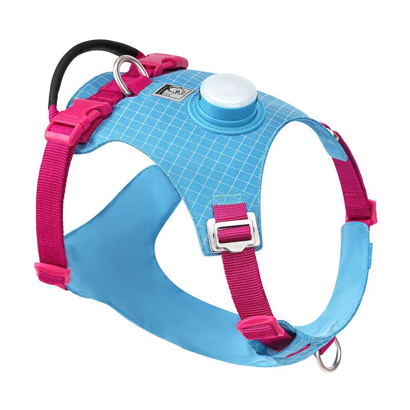 Nylon dog chest harness with LED light in six colour options including light purple and green
