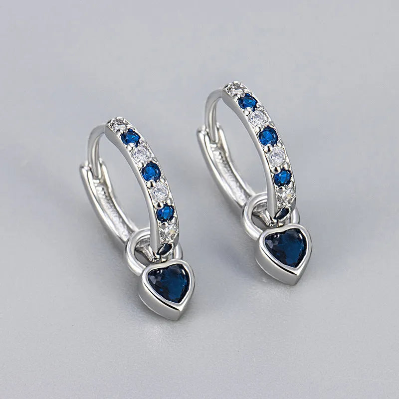 Women's fashion earrings with heart-shaped zircon eardrops in gold and white gold coloured settings