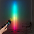 Black smart floor lamp with aluminium alloy body and silicone shade showing RGB lighting effects