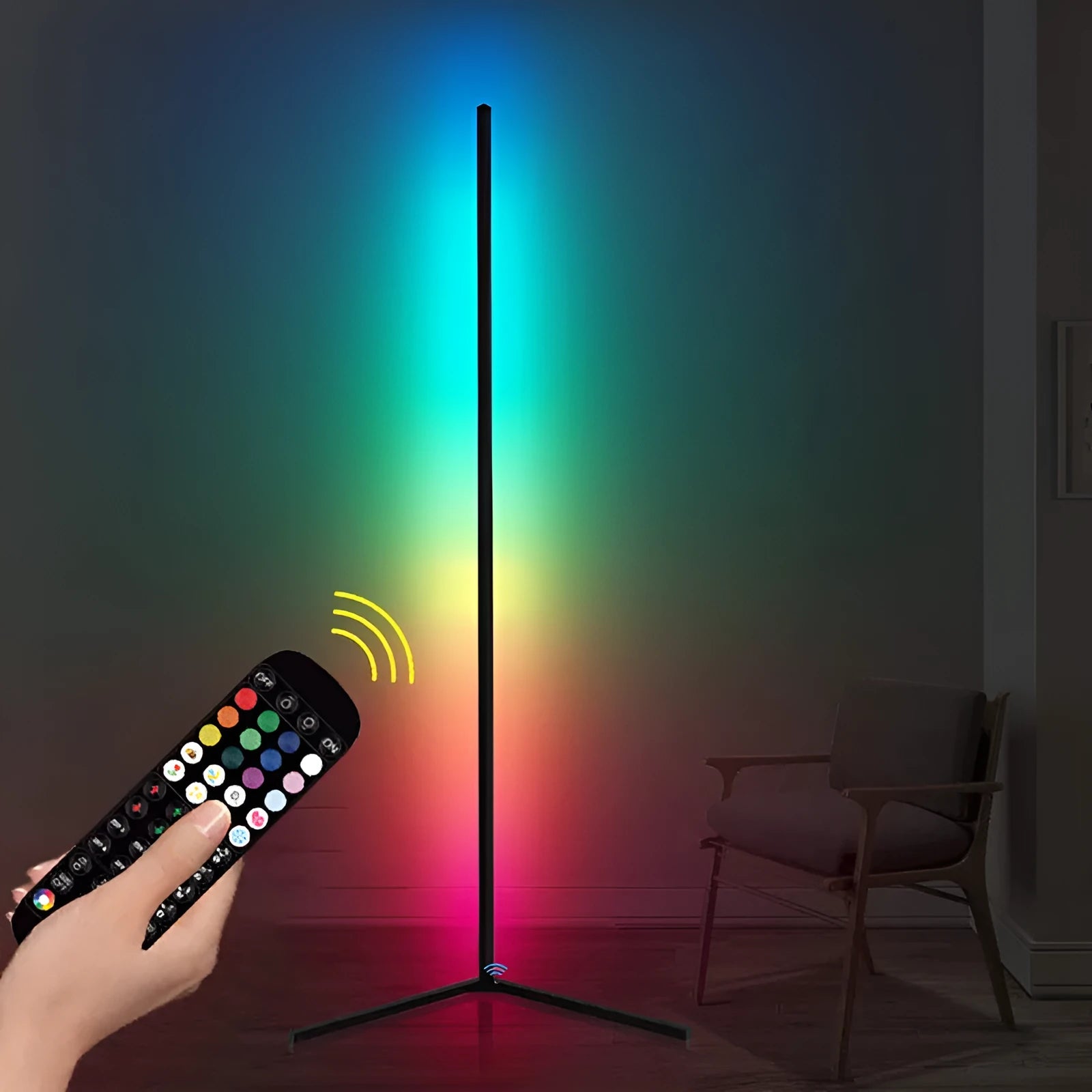 Black smart floor lamp with aluminium alloy body and silicone shade showing RGB lighting effects