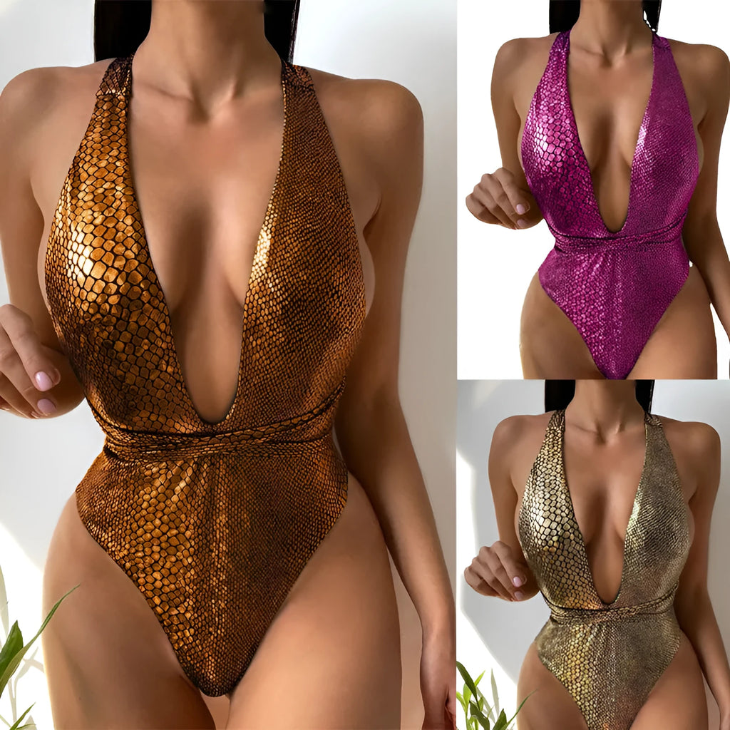 Solid colour sequined one-piece swimsuit for women on a mannequin, shown in one of the available colours.