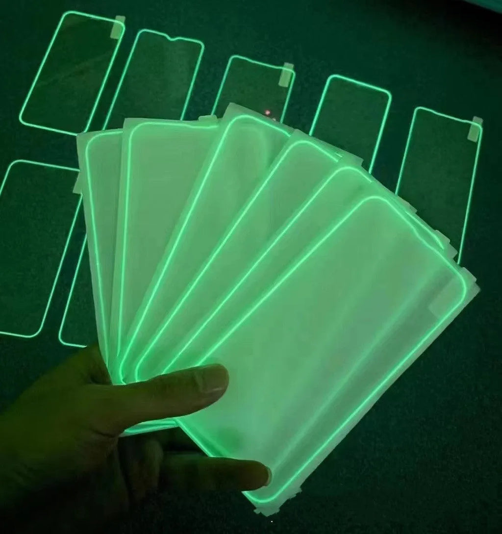 Fluorescent tempered glass screen protector for iPhone in luminous pink, yellow, green, blue and grass green colours