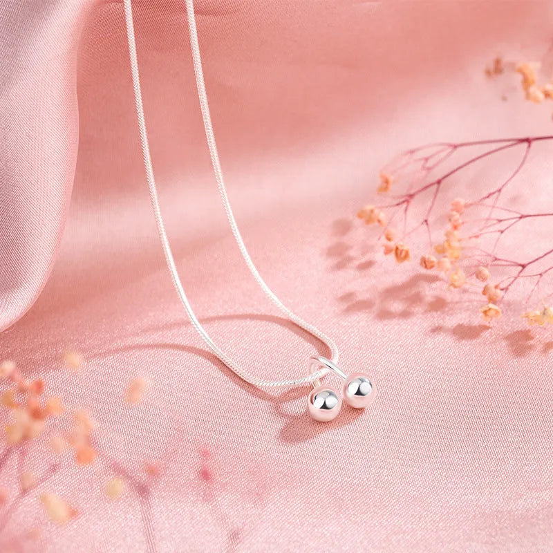 Silver cherry necklace with 925 silver fruit pendant on adjustable snake bones chain