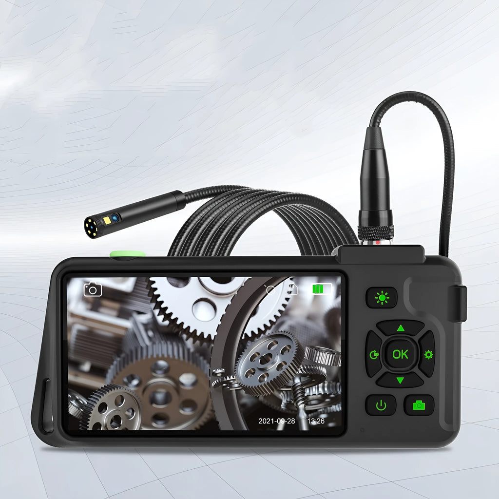 Handheld industrial endoscope with 4.5-inch screen and a thin black inspection probe on a 1-metre cable.