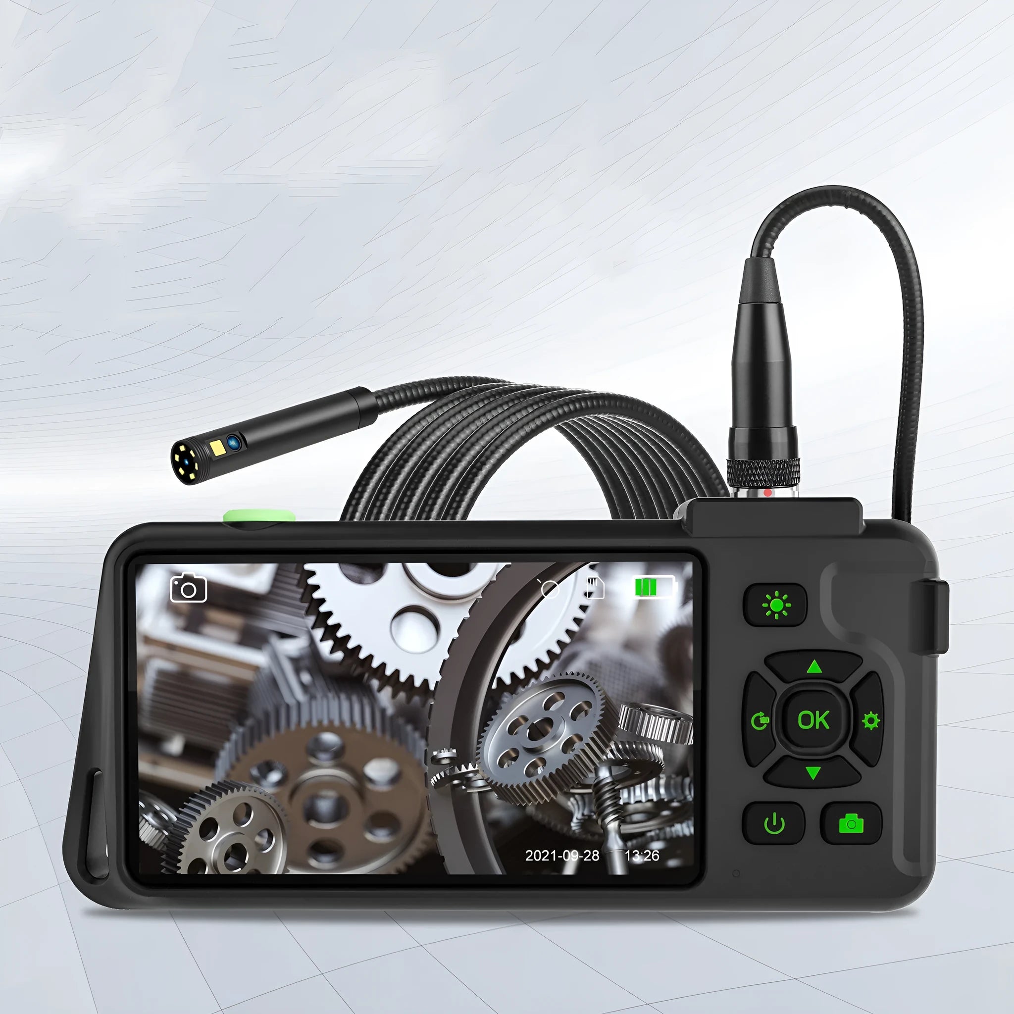 Handheld industrial endoscope with 4.5-inch screen and a thin black inspection probe on a 1-metre cable.