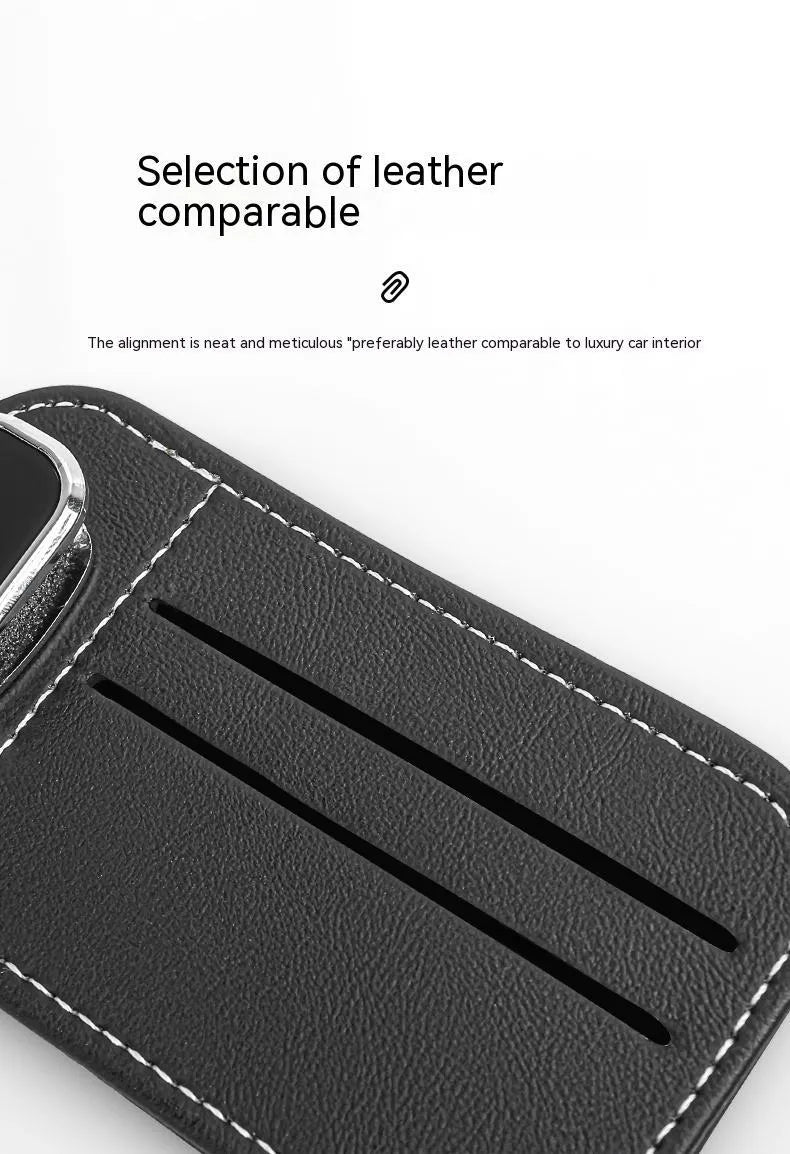 Cowhide leather car sun visor holder with card slots and integrated sunglasses clip.