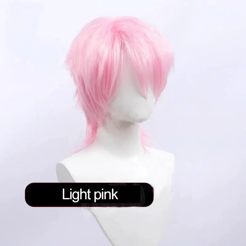 Short black and red anime cosplay wig for men with a lengthened hair tail.