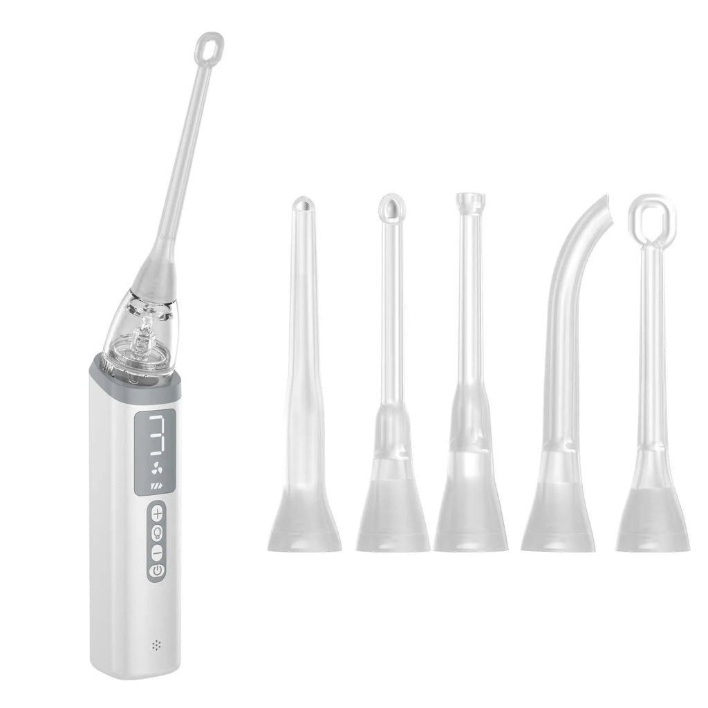 Milky white tonsil stone remover oral cleaning tool with built-in light on a white background.
