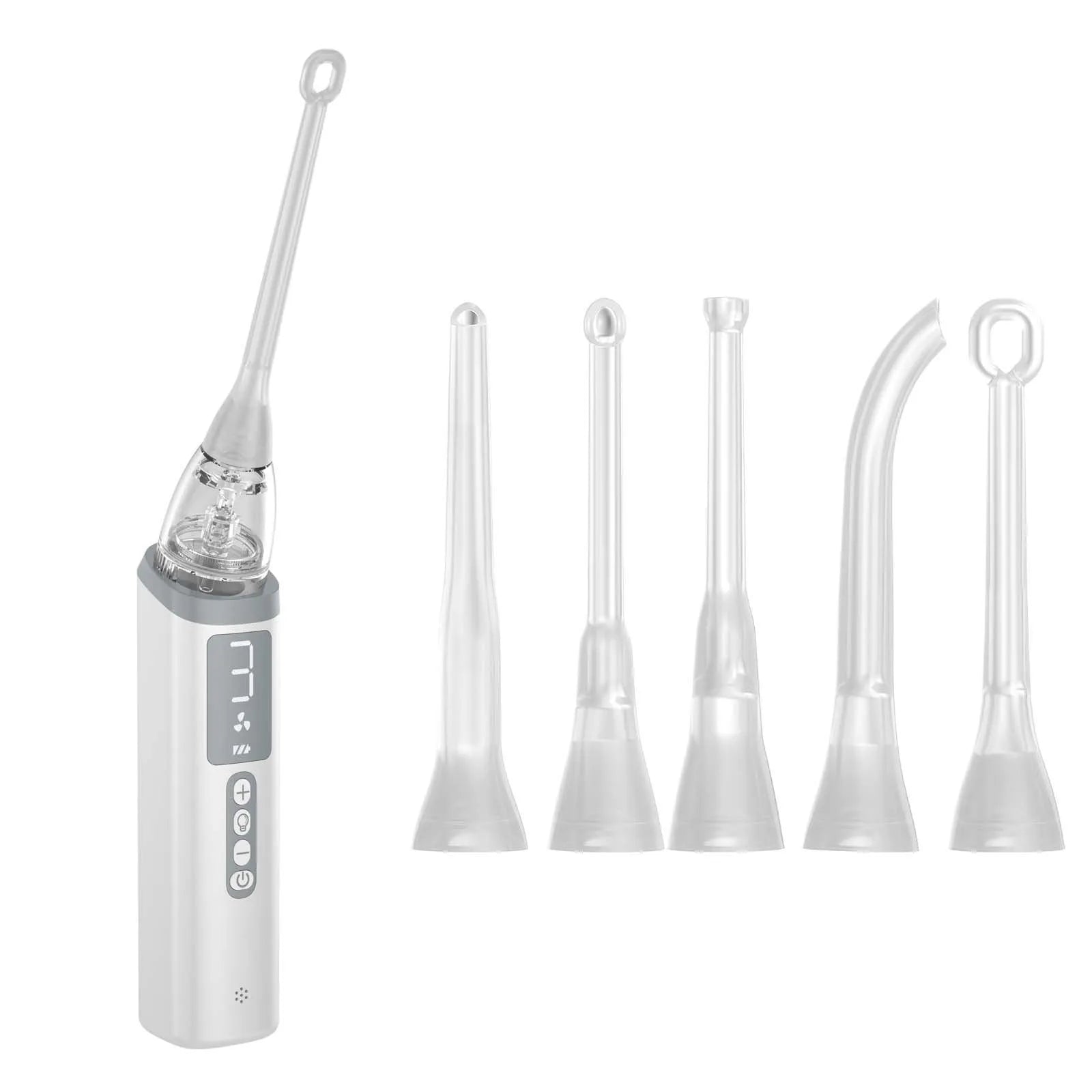 Milky white tonsil stone remover oral cleaning tool with built-in light on a white background.