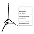 A frosted finish floor tripod light stand at full height with a mobile phone holder attached.