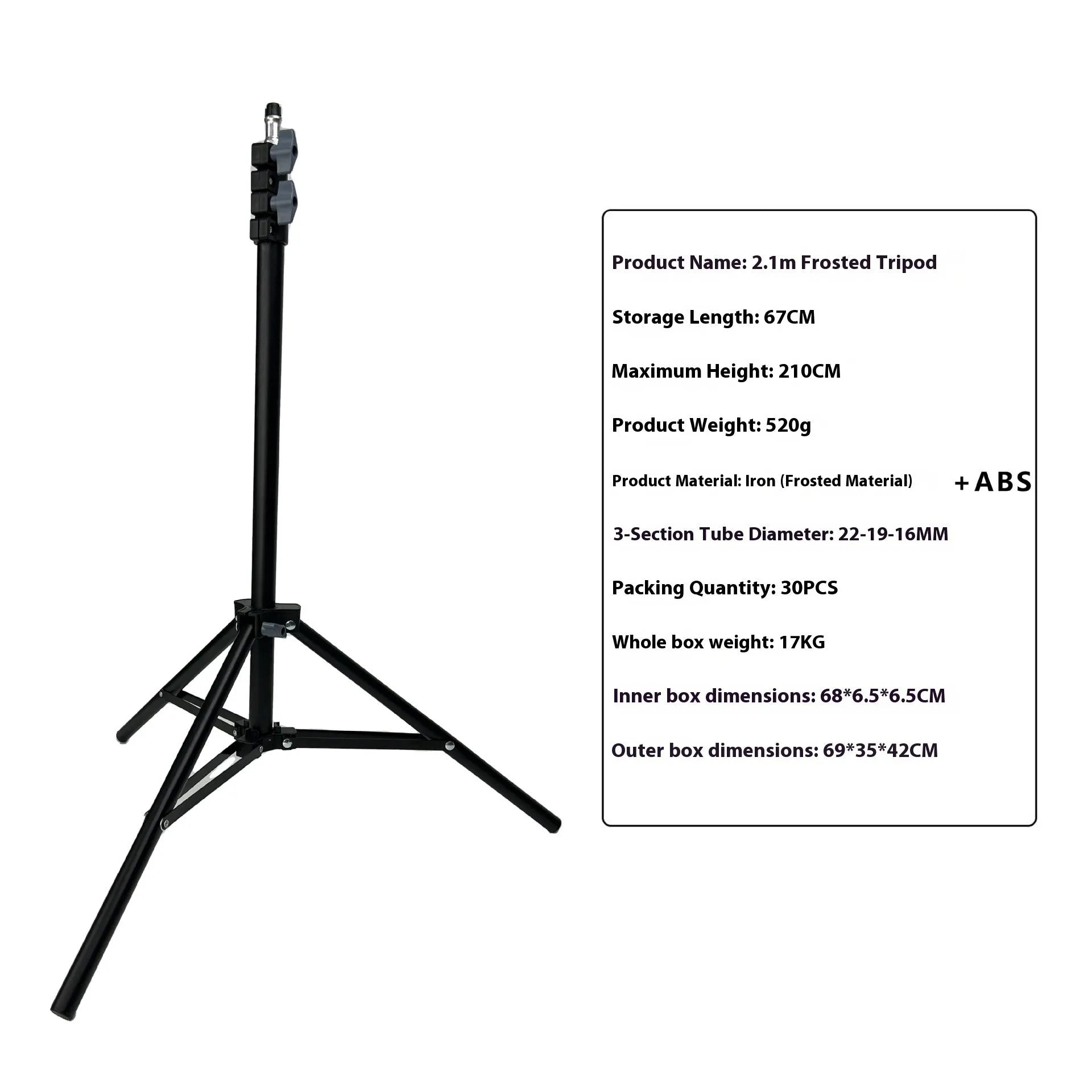 A frosted finish floor tripod light stand at full height with a mobile phone holder attached.