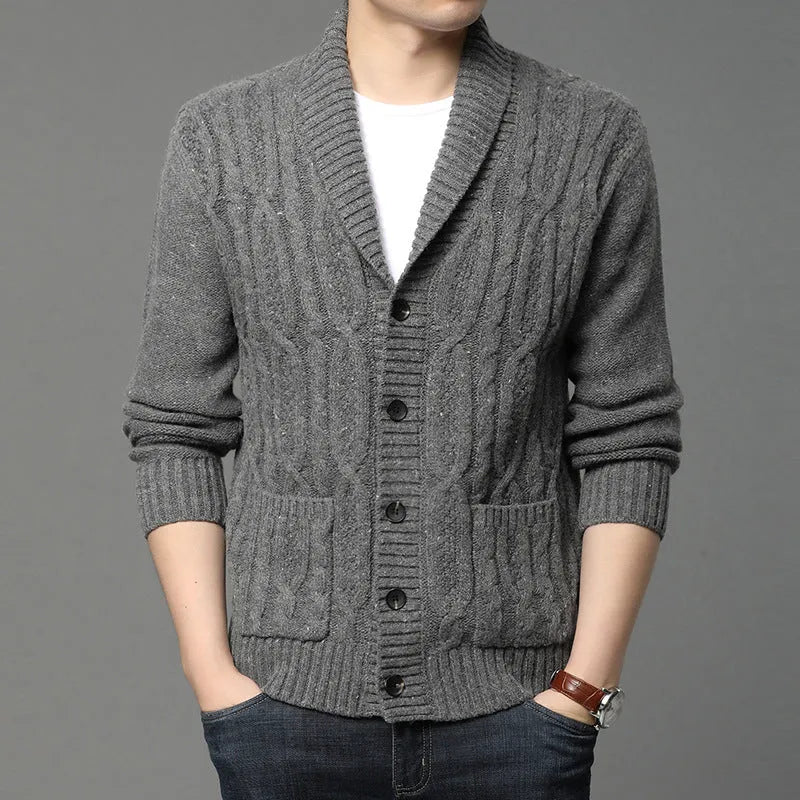 Men's Korean style jacquard pattern knitted jacket straight cut cardigan in autumn winter colours