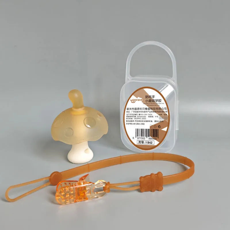 Small mushroom gum latex chew toy with transparent box and nano chain in pink colour.