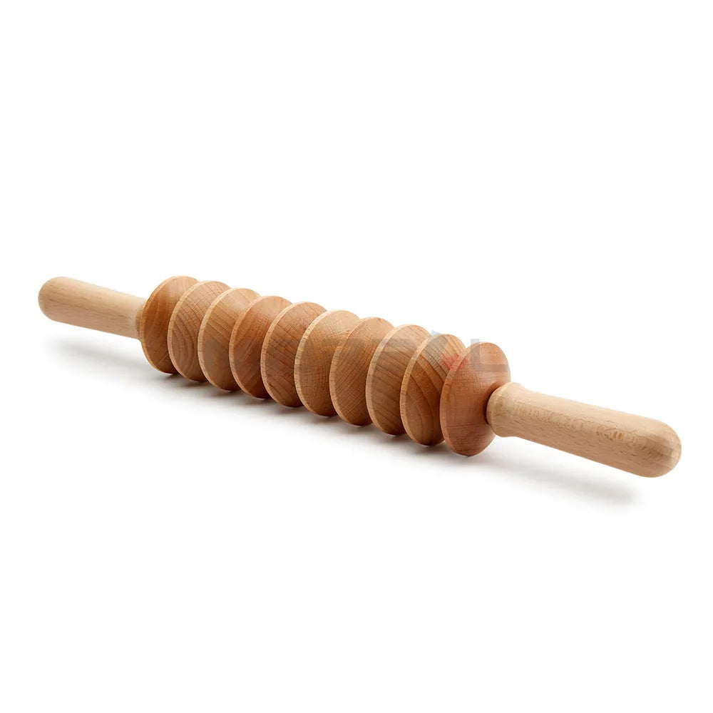 Wooden massage roller set with beech wood tools including T-shaped roller and multiple wheel configurations