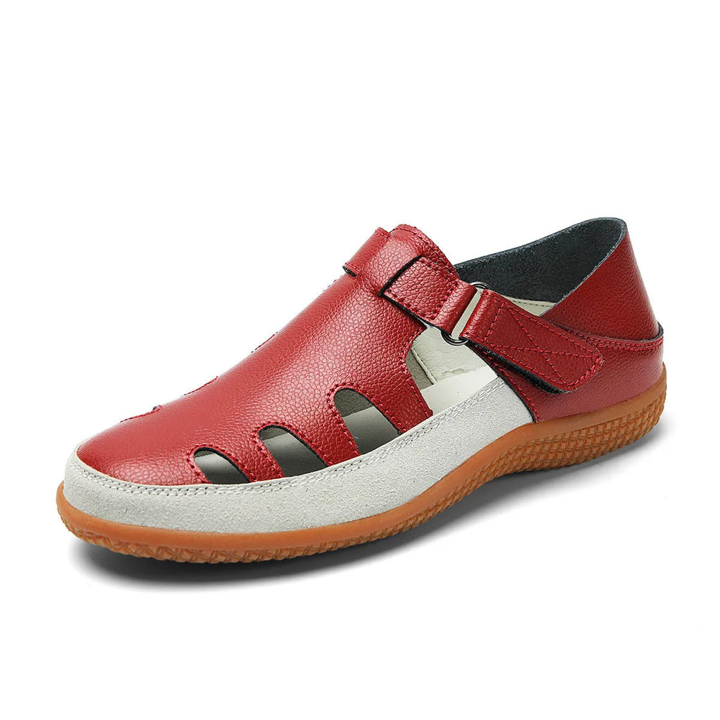 Plus size women's flat heel sandals with hollow toe cap in blue, red, and white colour options