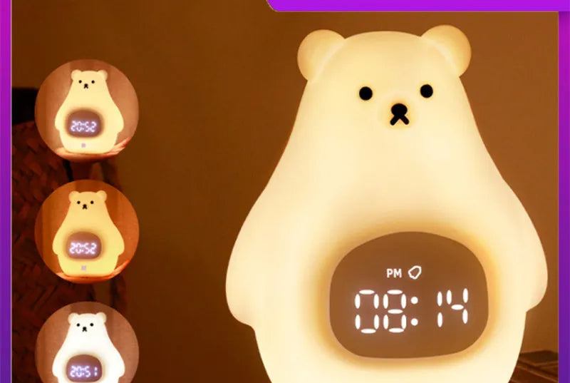 White silicone cartoon bear night light with remote control on a table.