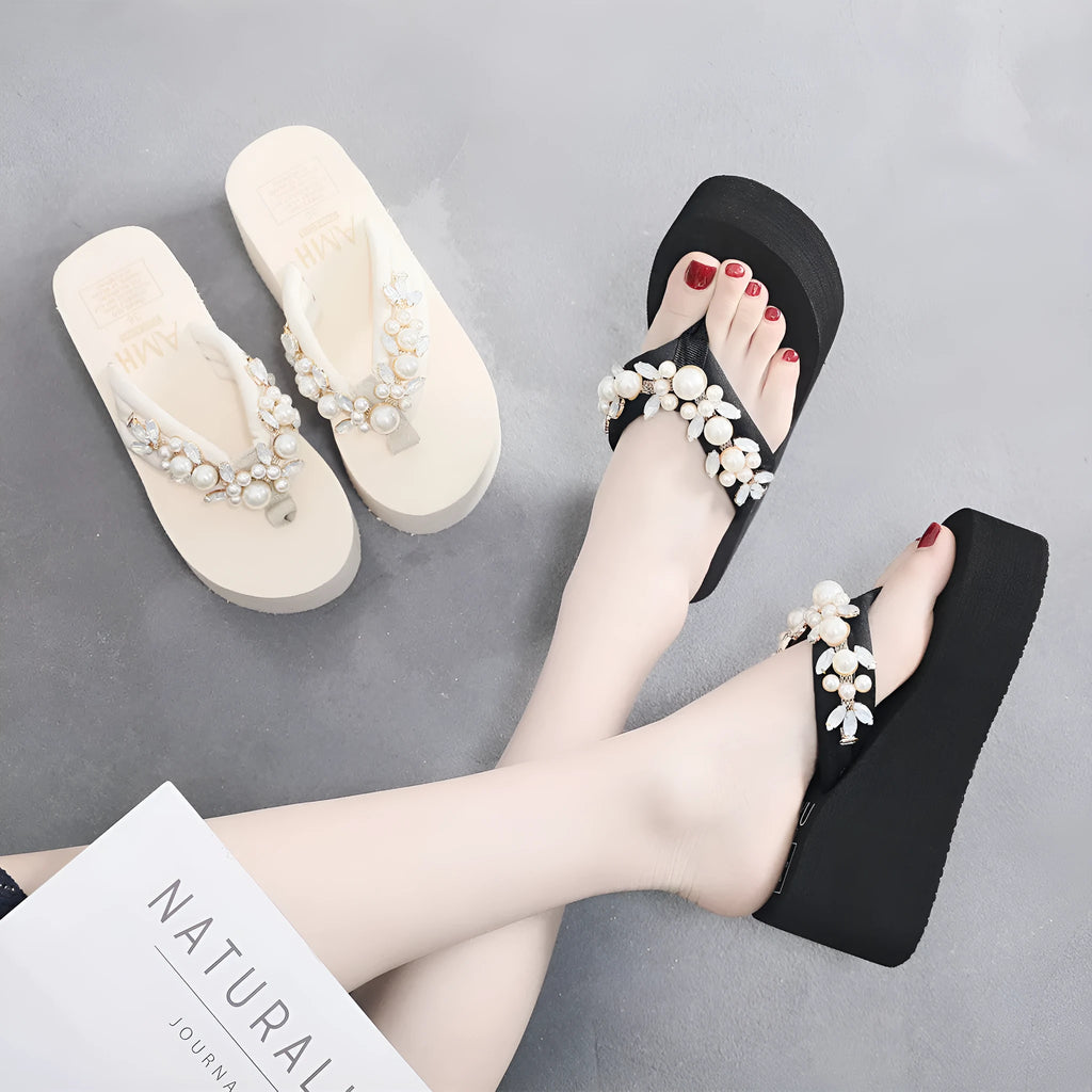 Women's casual high-heeled flip-flop sandals with a cotton cloth upper in beige colour.