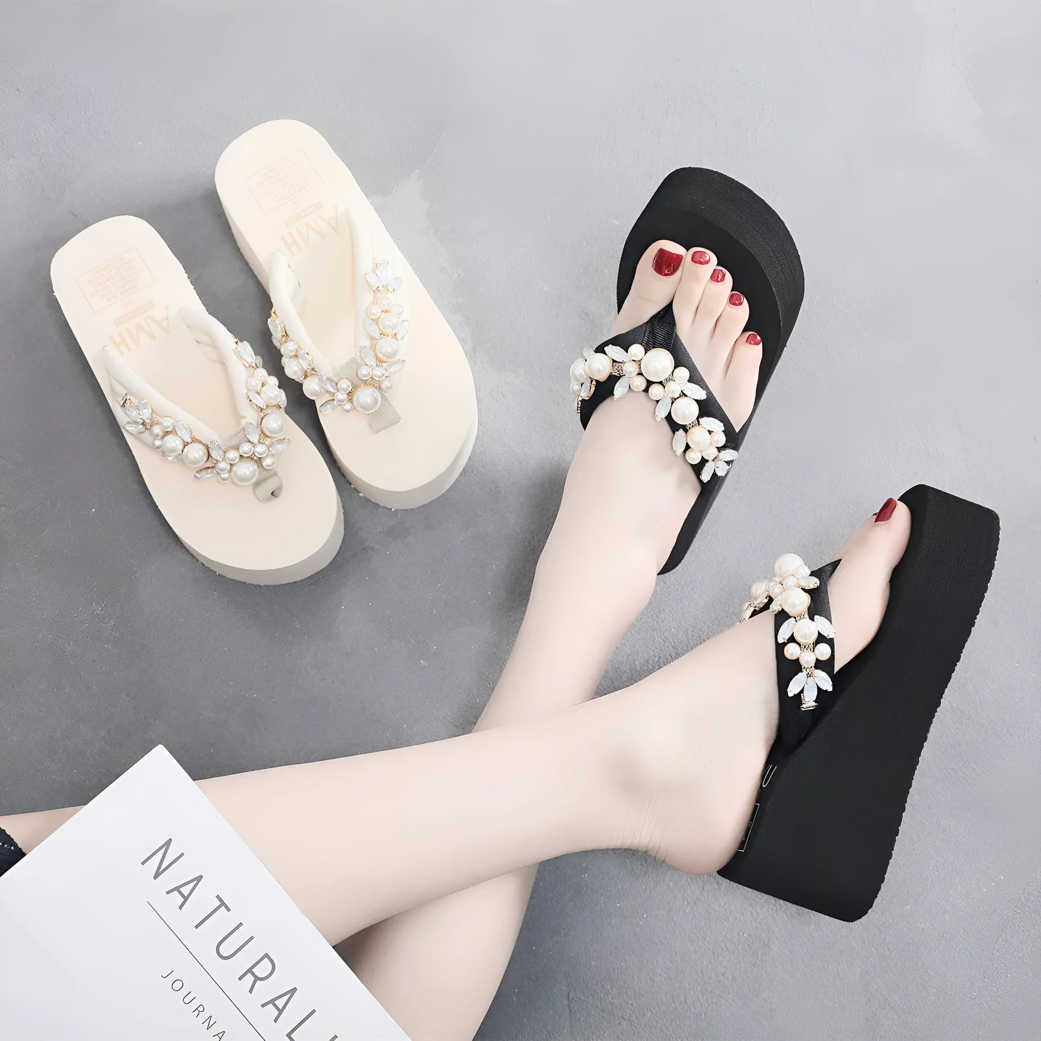 Women's casual high-heeled flip-flop sandals with a cotton cloth upper in beige colour.
