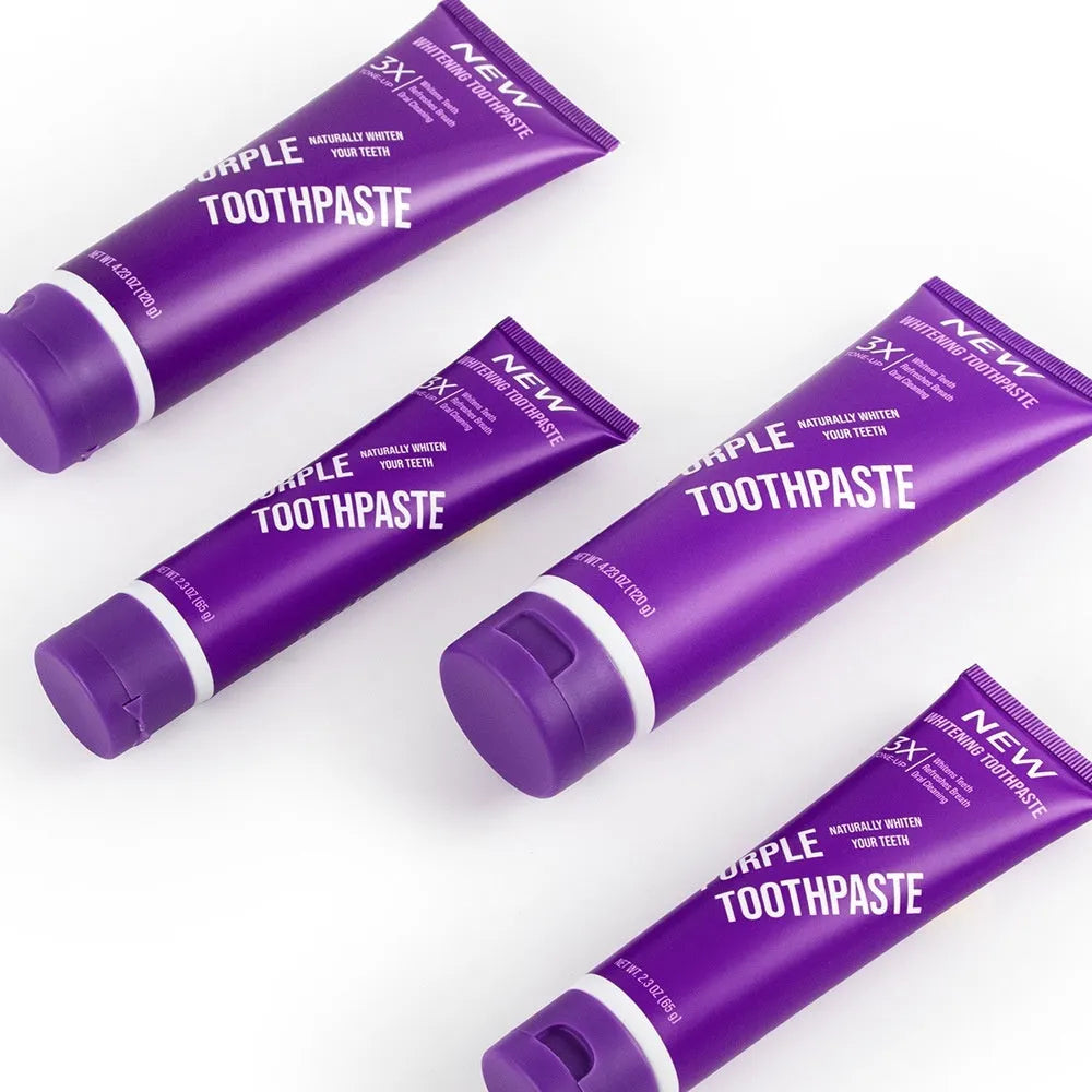 Purple whitening toothpaste for adults in 120g and 65g tube sizes
