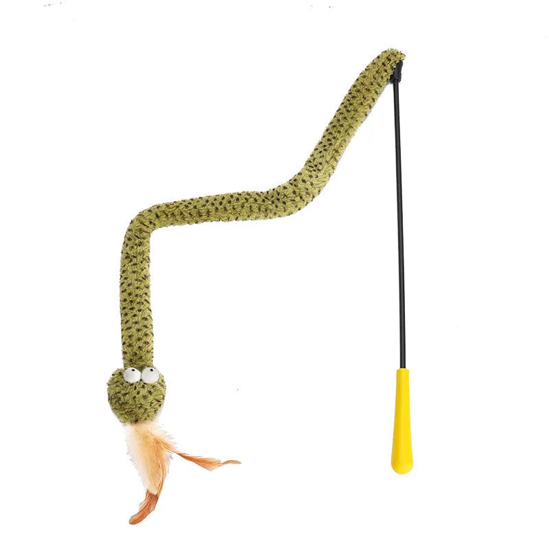 Green snake cat teasing stick with long pole and feather attachments for interactive play