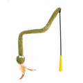 Green snake cat teasing stick with long pole and feather attachments for interactive play
