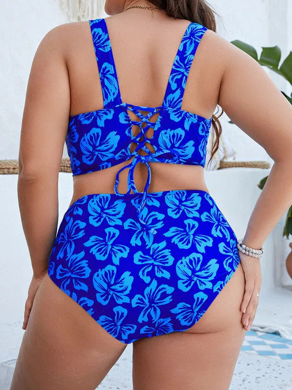Blue floral print women's split bikini swimsuit showing top and bottom pieces