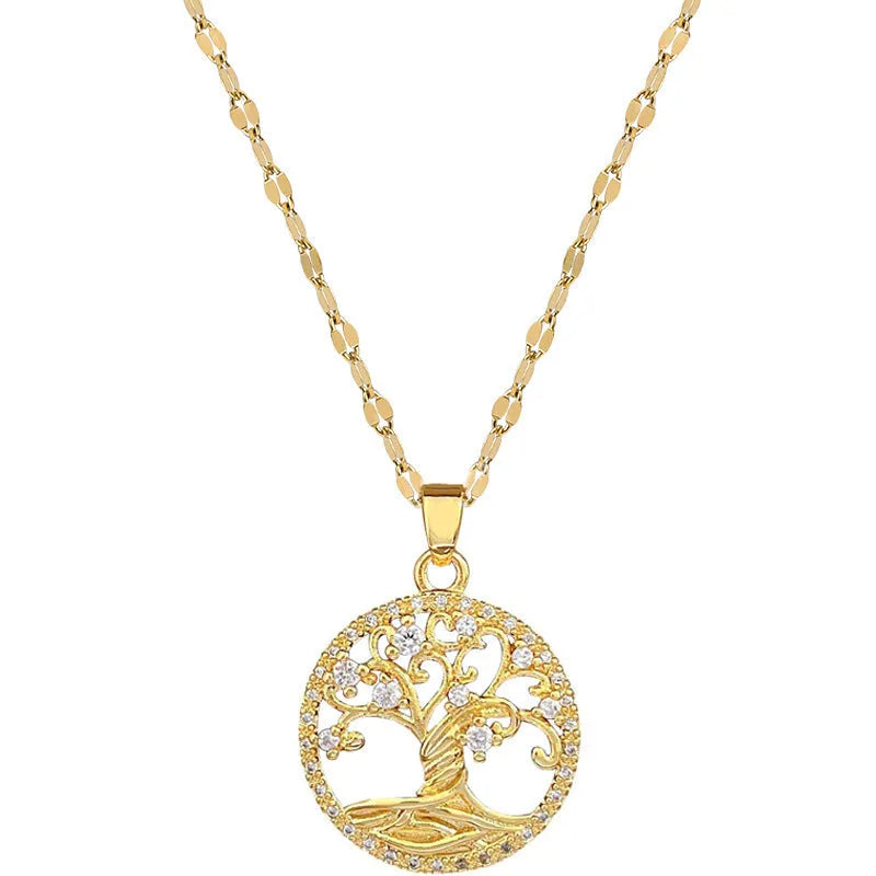 Gold-plated lucky tree cross necklace with mother pearl pendant and rhinestone zircon stones on adjustable chain