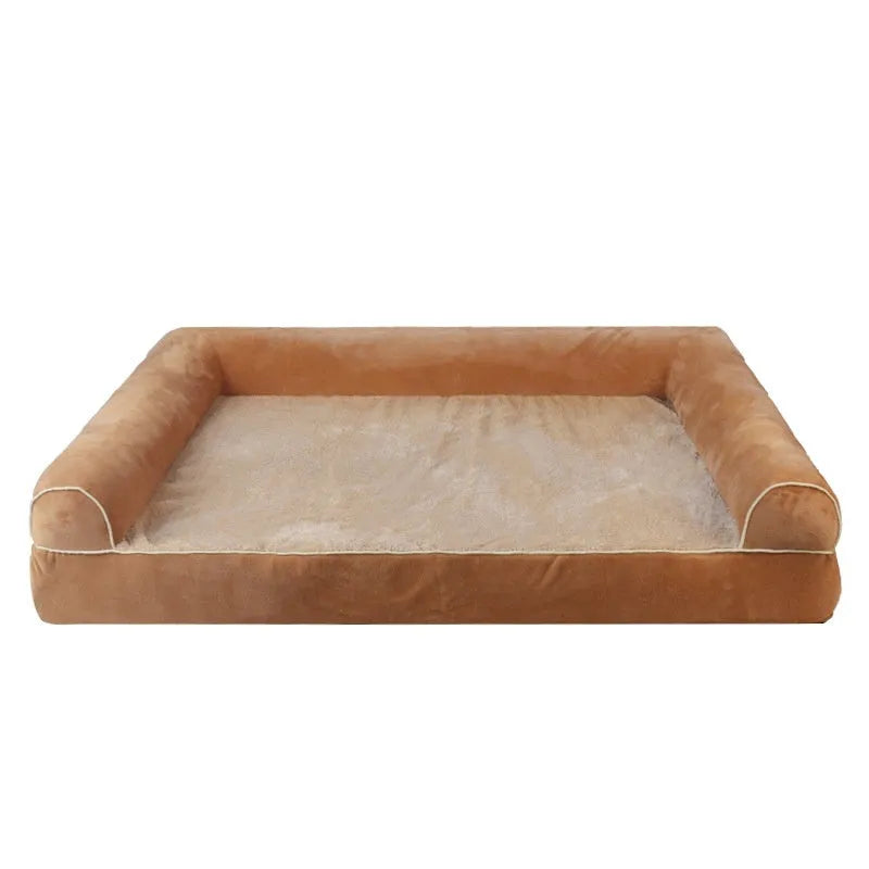 Square dog bed with sponge filling shown in blue colour with dog resting