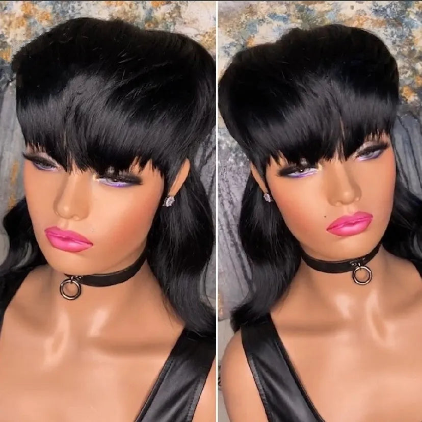 Black Brazilian wig with bangs featuring front short back long style