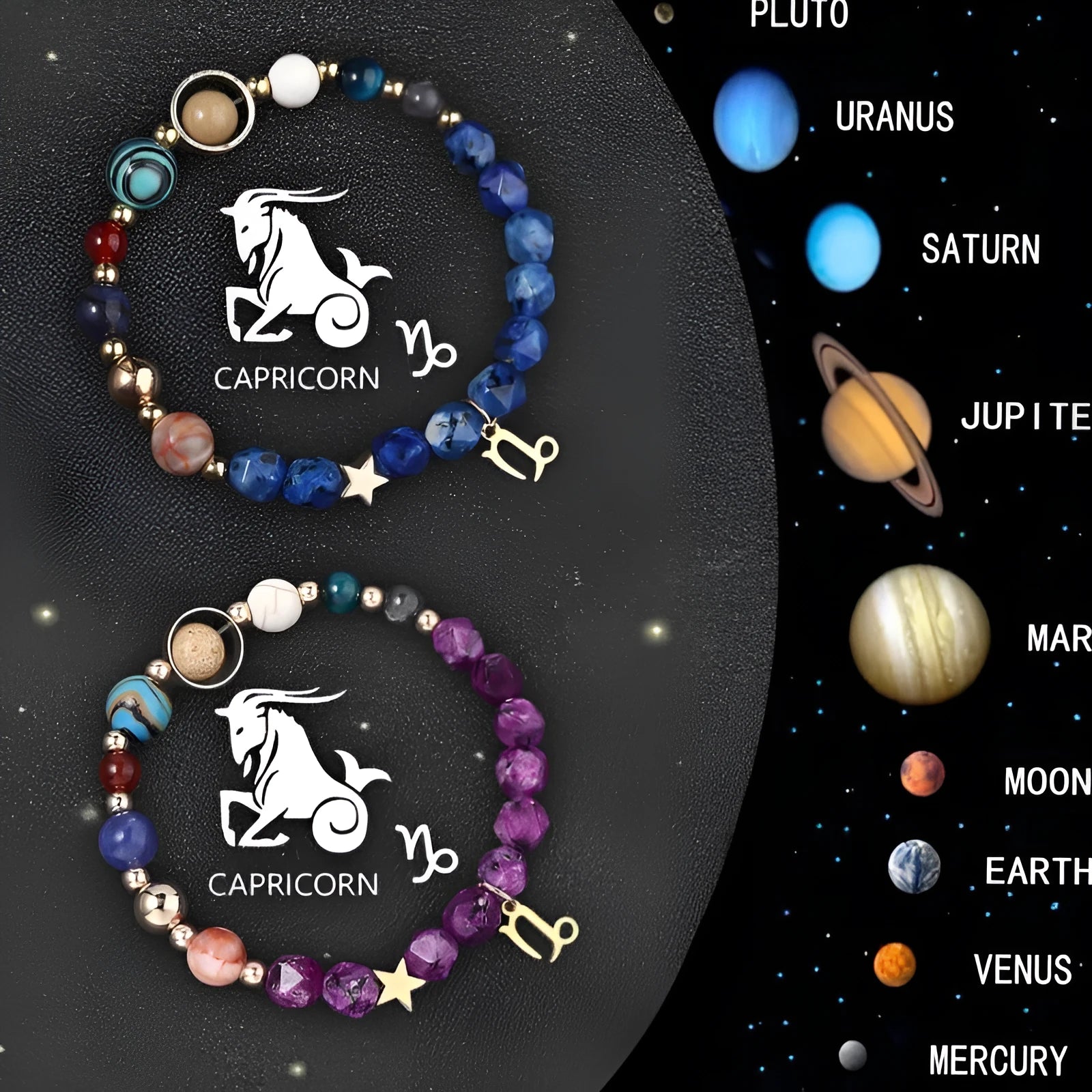 Twelve zodiac sign natural stone beaded bracelets showing two bracelets with different zodiac charms
