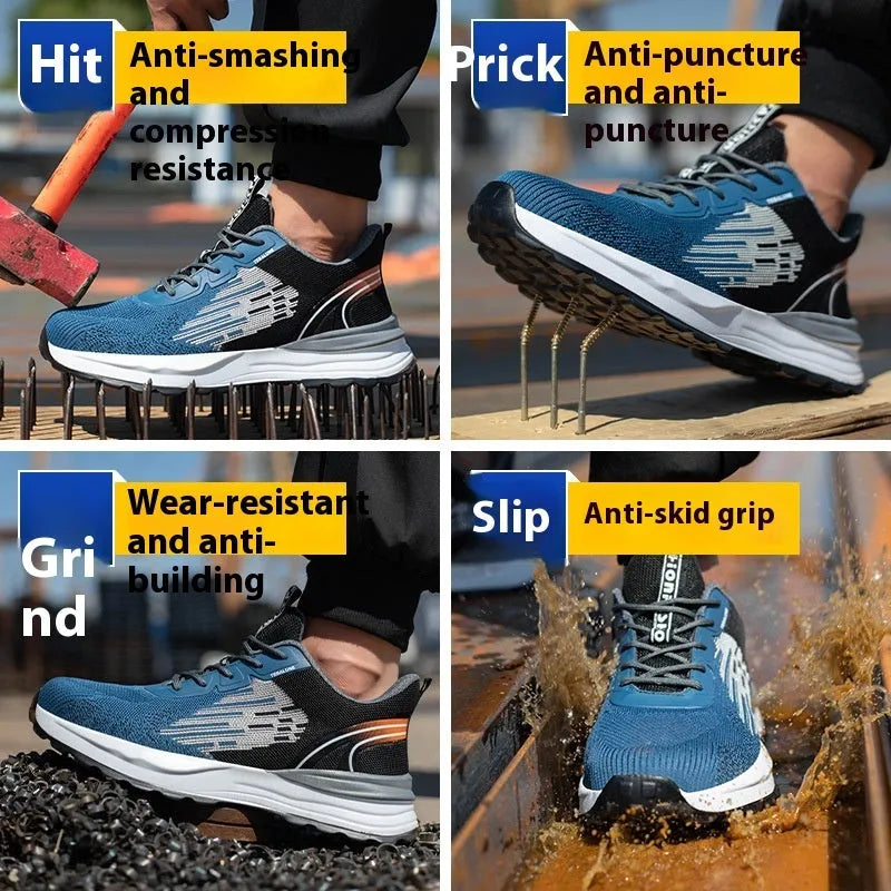 Blue men's safety work shoes with plastic toe cap and mesh upper